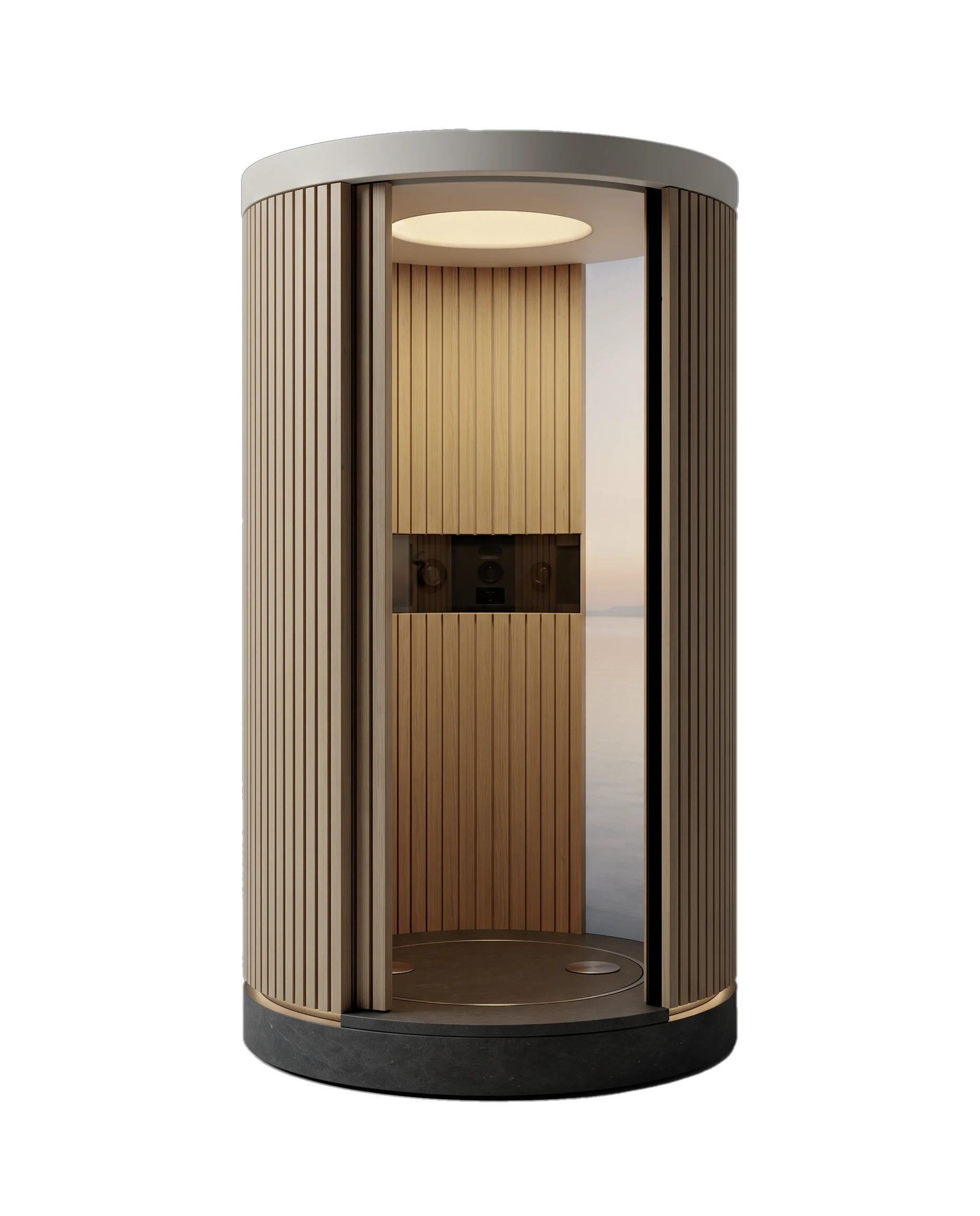 Soma Axon concept render: a round cabin in light oak with its door open, a ceiling light, a camera panel and a floor plate inside