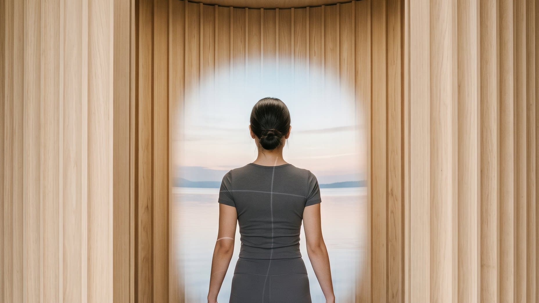 Inside Soma Axon: a person stands in a cabin of oak slats, facing a window of soft light