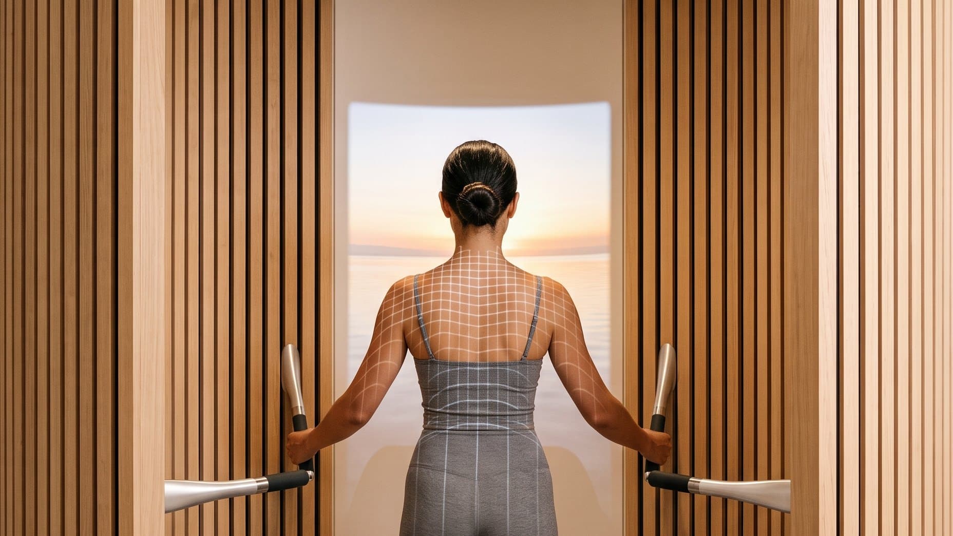A person stands in Soma Axon, hands on the two grips, facing a window of evening light