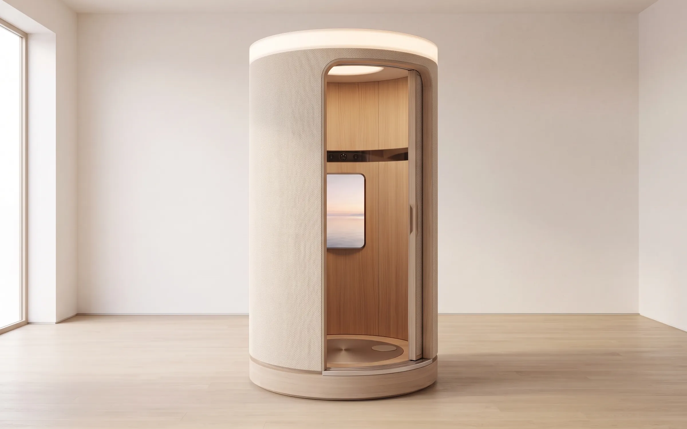 Soma Axon concept render: a round cabin wrapped in knit under a glowing crown, alone in an empty room with pale oak floors, its door slid open