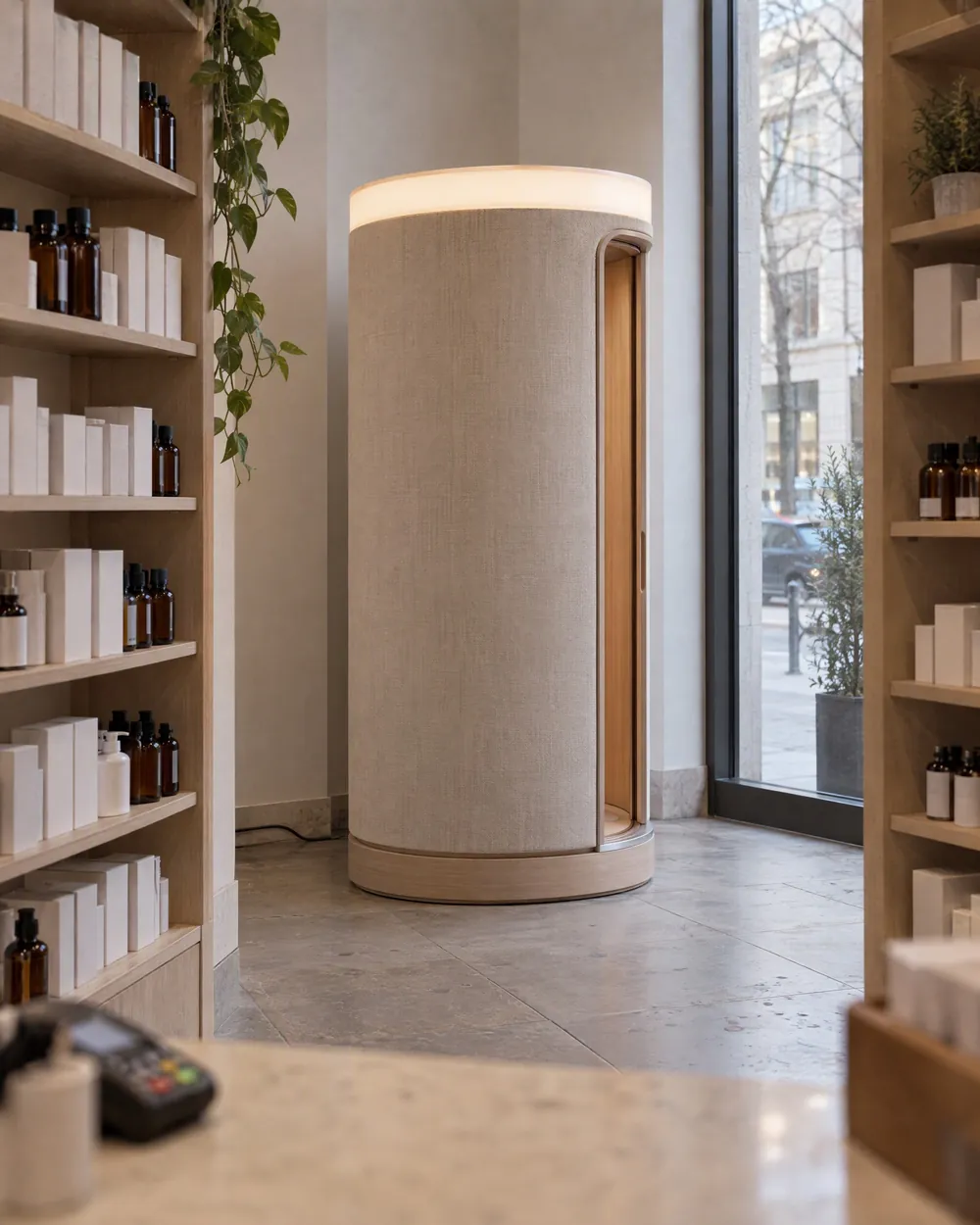 Concept view of a Soma Axon pod between shelves of a pharmacy, seen from behind the counter