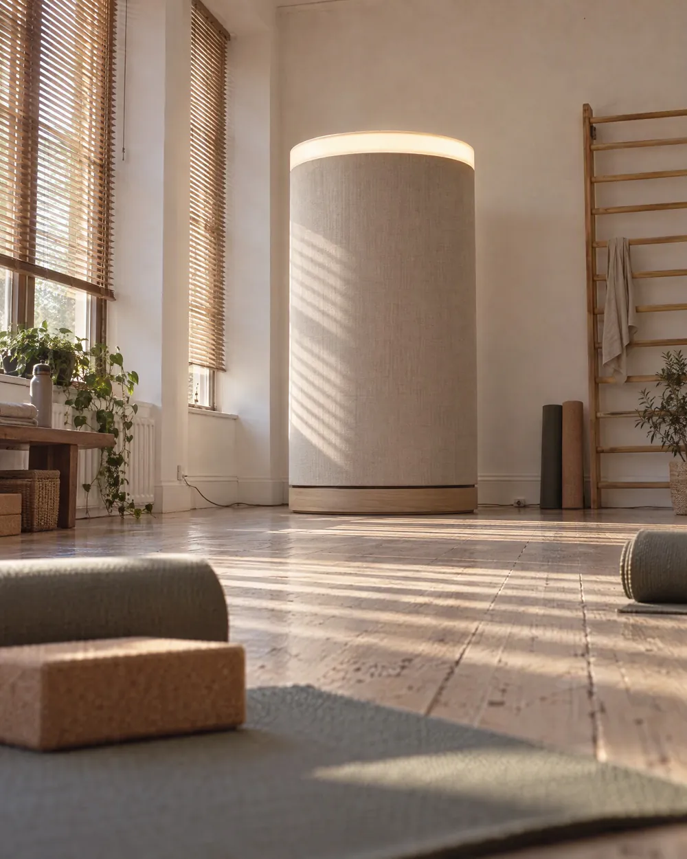 Concept view of a Soma Axon pod at the back of a sunlit studio, seen across yoga mats