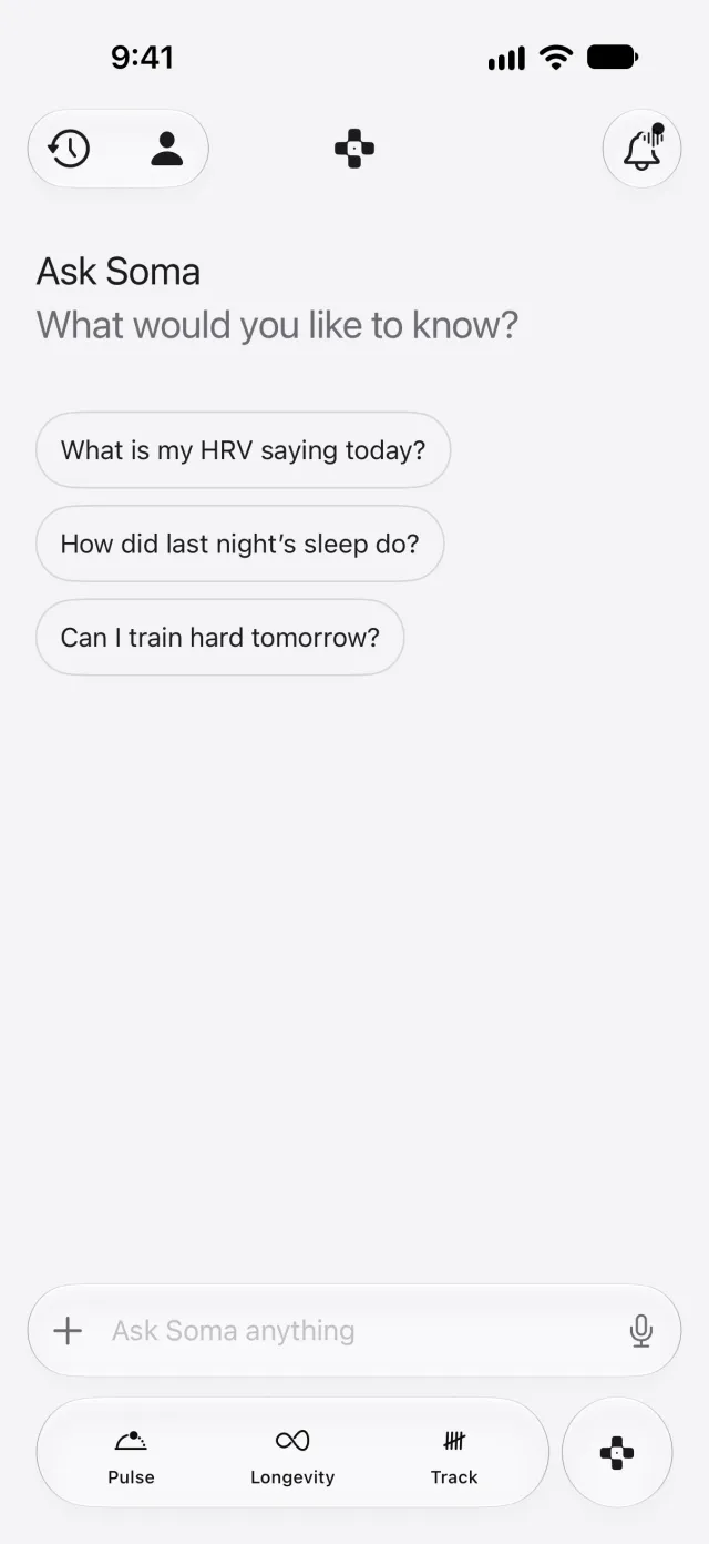 Prism's Ask page, with a text box and three suggested questions about HRV, sleep and training.
